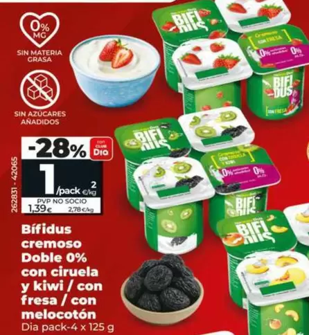 Dia - Bífidus Cremoso Doble 0% Con Ciruela Y Kiwi/Con Fresa/Con Pina Y Coco/Con Melocoton