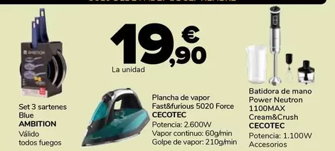 Ambition/Cecotec - Set 3 Sartenes Blue/Plancha De Vapor Fast & Furious 5020 Force/Batidota De Mano