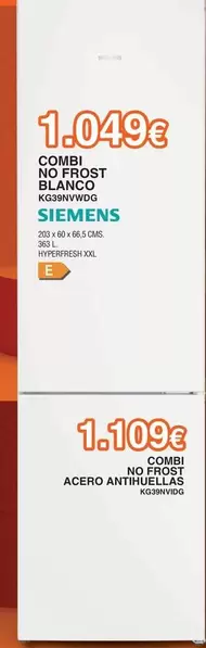 Siemens - Combi No Frost Blanco KG39NVWDG