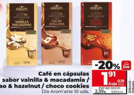 Dia Arom'arte - Café En Cápsulas Sabor Vainilla & Macadamia/Cacao & Hazelnut/Choco Cookies