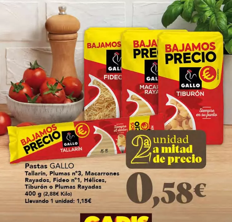 Gallo - Pastas Tallarin, Plumas N3, Macarrones Rayados, Fideon N 1, Hélétice, Tiburon O Plumas Rayadas