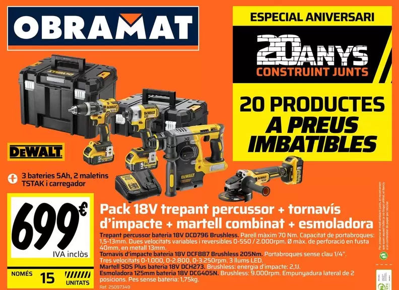 Dewalt - Pack 18V Trepant Percussor + Fornavis D'âmpacte + Martell Combinat + Esmoladora