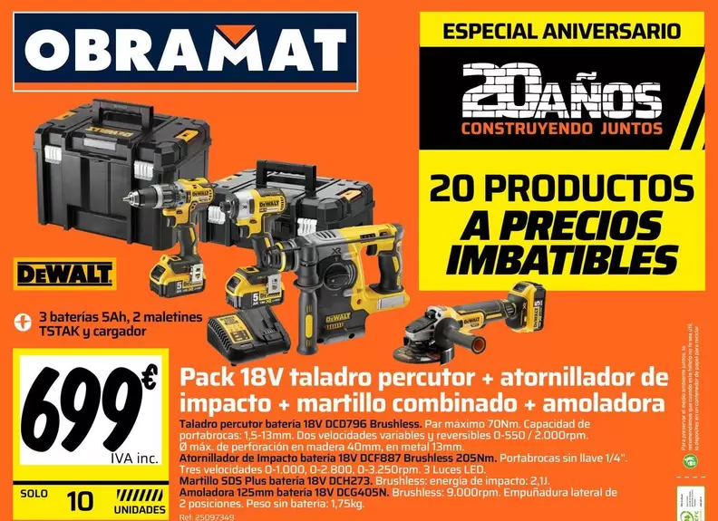 Dewalt - Pack 18V Taladro Percutor + Atornillador De Impacto + Martillo Combinado + Amoladora