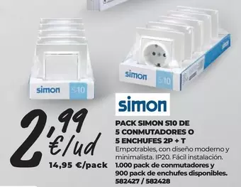 Simon - Pack Simón S10 De 5 Conmutadores O 5 Enchufes 2p + T