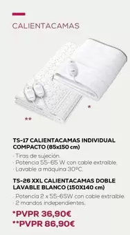 TS-17/TS-26 Calientacamas Individual Compacto/Doble Lavable Blanco