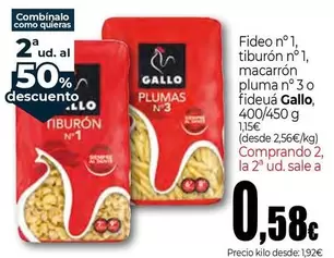 Gallo -  Fideo Nº 1, Tiburón Nº1, Macarrón Pluma N° 3 0 Fideuà
