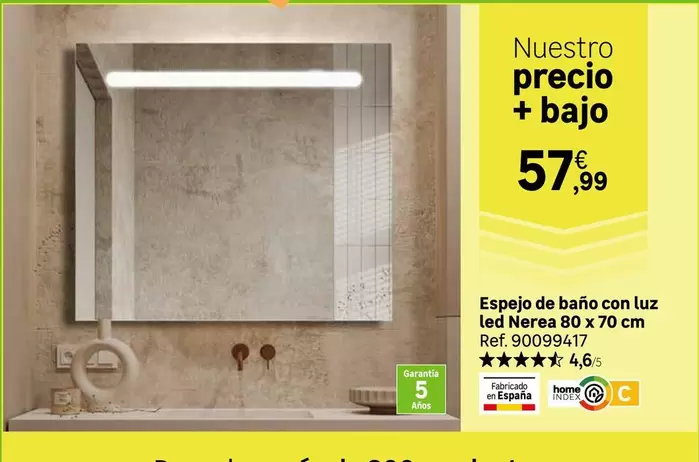 home - Espejo De Baño Con Luz Led Nera 80 X 70 Cm