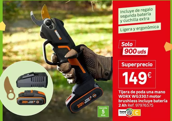 worx - Tijera De Poda Una Mano Wcg301 Motor Brushless Incluy Bateria