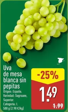 Uva De Mesa Blanca Sin Pepitas Origen: España