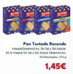 Recondo - Pan Tostado Integral/Sesamo/Lino, Sin Sal Y Sin Azúcar