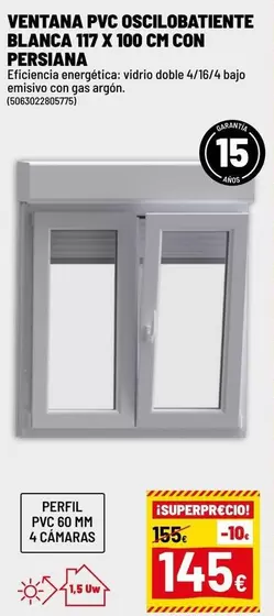 PVC - Ventana Pvc Oscillobatiente Blanca 117 X 100 Cm Con Persiana