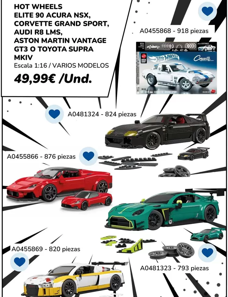Mattel Brick Shop - Hot Wheels Elite 90 Acura NSX, Corvette Grand Sport, Audi R8 Lms, Aston Martin Vantage GT3 O Toyota Supra Mkiv