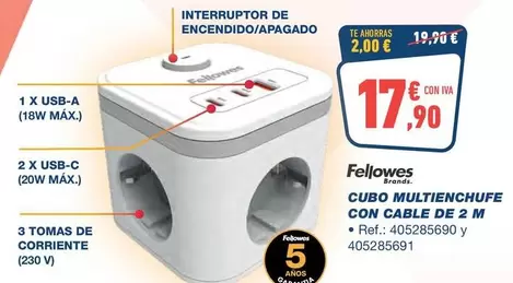 Fellowes - Cubo Multienchufe Con Cable De 2 M