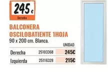 Balconera Oscilobatiente 1hoja 90 x 200 cm. Blanca.