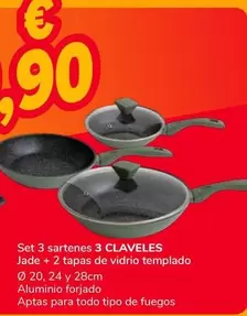 3 Claveles - Set 3 Sartenes Jade + 2 Tapas De Vidrio Templado