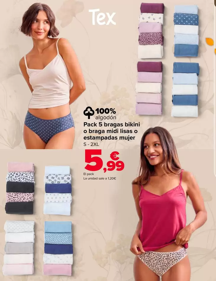 TEX - Pack 5 Bragas Bikini O Braga Midi Lisas O Estampadas Mujer