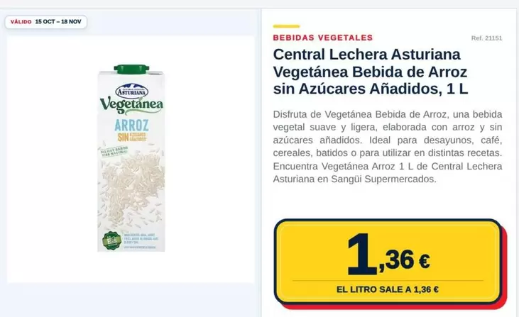 Central Lechera Asturiana - Vegetánea Bebida De Arroz Sin Azúcares Añadidos