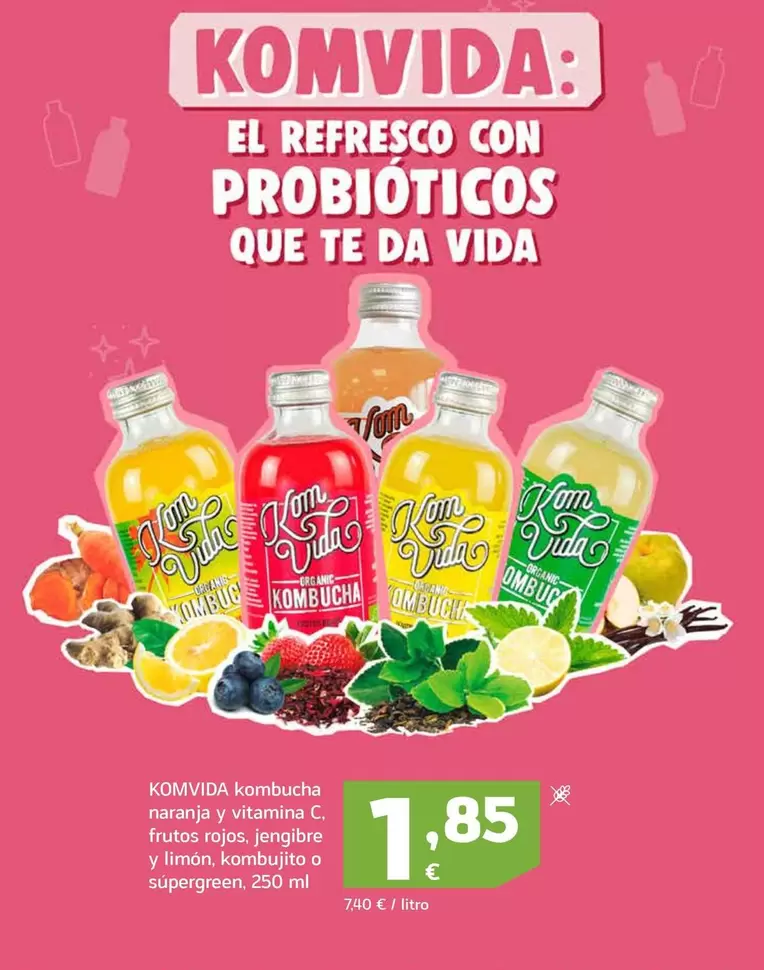 Komvida - Kombucha Naranja U Vitamina C, Frutos Rojos, Jengibre Y Limón, Kombujito O Súpergreen