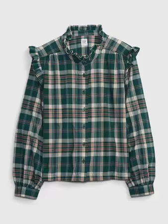 Kids Ruffle Sleeve Button-Down Shirt - blue green plaid