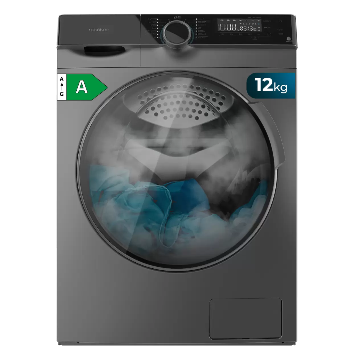 Lavadora carga frontal - Cecotec Bolero DressCode 121000 Steel, 12 kg, 1400 rpm, Motor Inverter Plus, Lavado con vapor, Steel