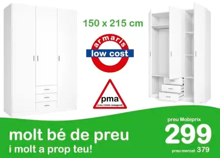 Armario económico blanco de 149 cm con 3 puertas y 3 cajones Pisa