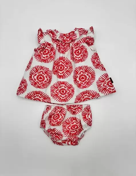 Conjunto vestido y braguita boho fresa bebé niña
