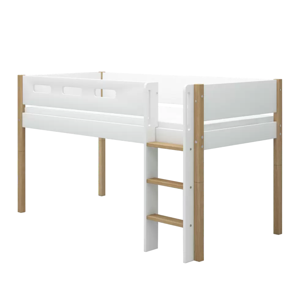 High Bed 120 cm with Ladder and Safety Rail, 90x200 cm, White/Oak