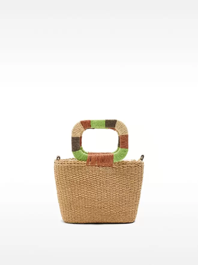 Tote bag with straw effect and multicolor handle