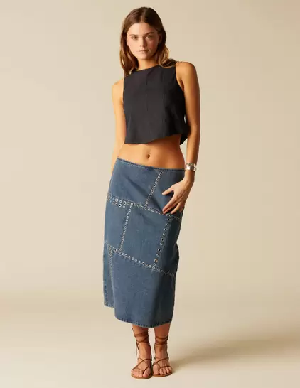 FALDA DENIM MIDI TACHAS