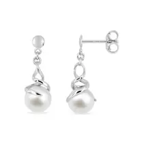 Pendientes largos de oro blanco 9K y perla 6 mm