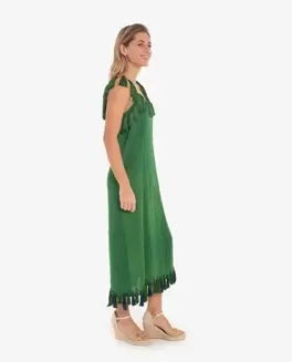 VESTIDO MIDI VERDE CON FLECOS