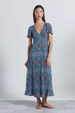 Vestido midi lace insertado estampado étnico