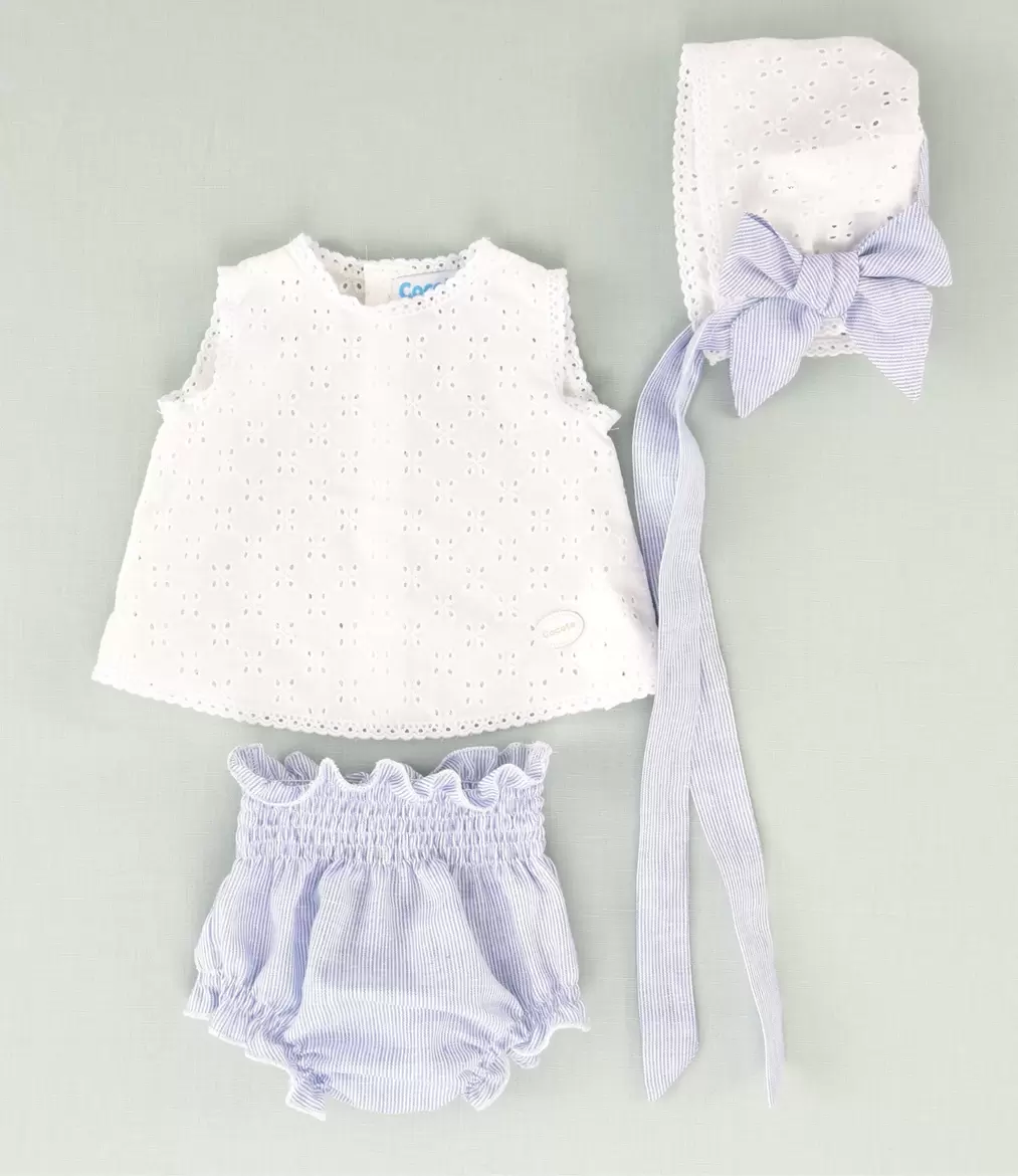 Conjunto vestido, braguita y capota bordado azul recién nacido