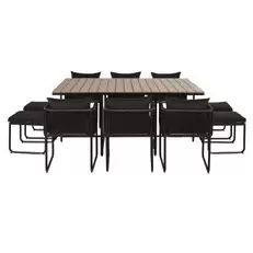 Swann - Ensemble table en composite imitation teck 6/10 personnes avec fauteuils et tabourets en résine noire de jardin