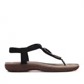 Sandalias planas amarpies negras de dedo y cogidas al tobillo con detalles de madera
