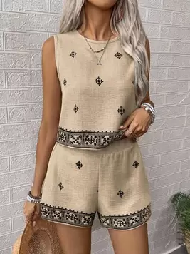 SHEIN LUNE Set informal de 2 piezas para mujer con blusa sin mangas con estampado floral y shorts para vacaciones