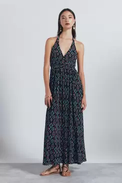 Vestido midi escote halter estampado geométrico