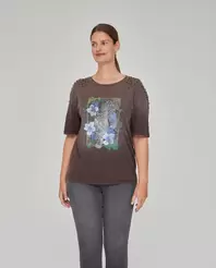 CAMISETA ESTAMPADO POSICIONAL CON STRASS EN HOMBROSGRIS JASPE