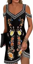 Womens Summer Dress Cold Shoulder V Neck Floral Printed 2024 Fashion Sundress with Pockets