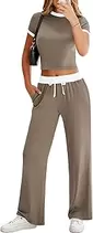 2 Piece Sets for Women Summer Lounge Set Casual Short Sleeve Tops and High Waist Wide Leg Pants Tracksuits Outfits