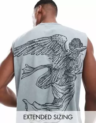 Camiseta gris lavado sin mangas con estampado de ángel en la espalda de tejido grueso de ASOS DESIGN