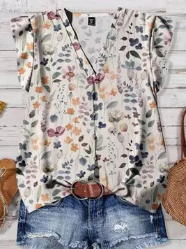 EMERY ROSE Blusa holgada de manga corta y cuello elegante para mujer, diseño minimalista adecuado para el verano, cierre con botones delanteros, estampado floral diminuto, patrón de flores vintage
