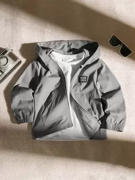 SHEIN Playful Pals Chaqueta con capucha con cremallera y gráfico de letras, estilo casual y urbano para niño, otoño