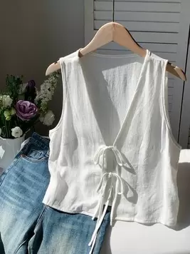 Comfortcana Camisa casual sin mangas con lazo delantero de unicolor para mujeres de talla grande