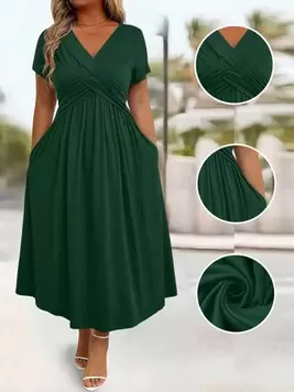 EMERY ROSE Vestido casual largo de talla grande para mujer con cuello en V, manga corta, plisado y bolsillo, unicolor, para el atuendo de Navidad de mujer