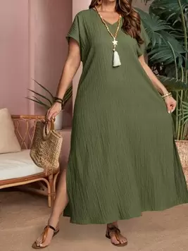 EMERY ROSE Vestido casual recto, holgado, con cuello en V y mangas tipo murciélago para talla grande, ropa de verano, atuendos de vacaciones para mujer / Vacaciones, ropa bohemia para mujer