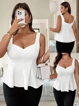Vionelle Camisola sin mangas elegante para mujer talla grande con cuello de corazón y espalda descubierta con volantes en corte evasé, adecuado para oficina, viajes, tarde de té, fiestas, vacacione...