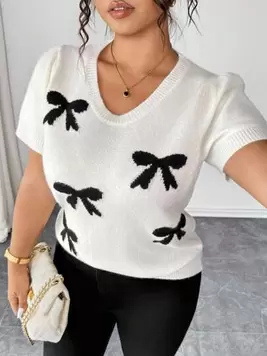 Elenzga Elegante suéter de punto con cuello en V y decoración de lazo romántico