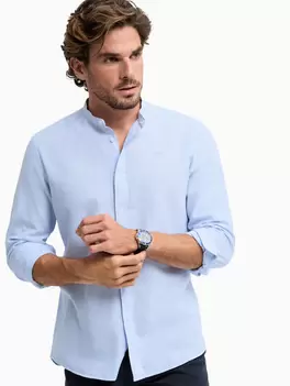 CAMISA LINO RAYAS MAO CELESTE
