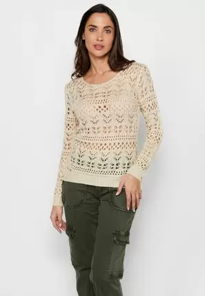 Jersey de manga larga con cuello redondo. tricot calado de color beige para mujer | Moda Actual